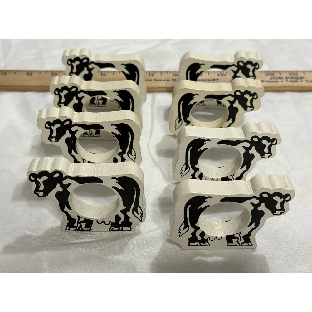 Lot Vintage Rustic Wooden Cow Napkin Rings Set Of 8 Farmhouse Farm country decor